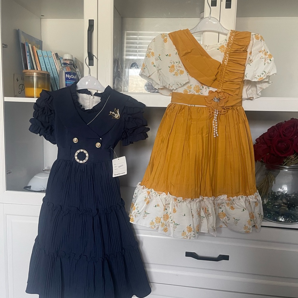 Delicious Navy & Mustard Floral Ruffle Party Dress Set for Girls
